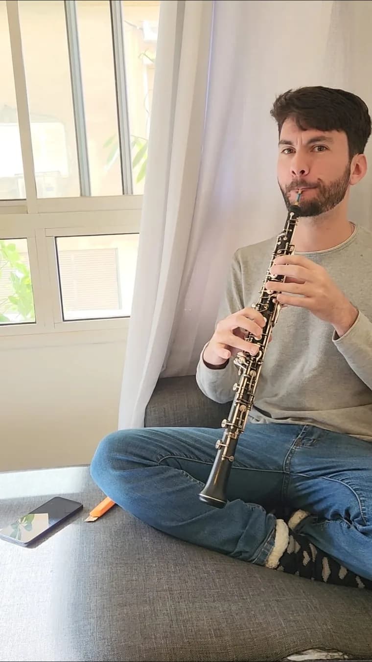 Jeremy playing the oboe in the workshop